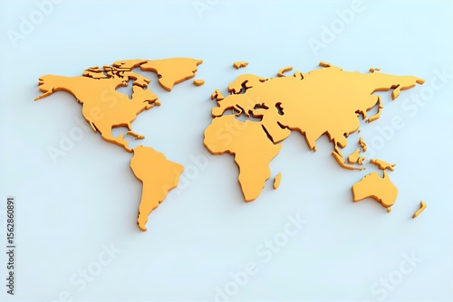 Golden World Map 3D Render: Detailed Continents, Geographic Illustration, Global Cartography, Earth Model, Decorative Design, Travel Concept