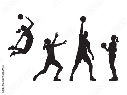 Volleyball players in action silhouette with ball and spiking silhouette