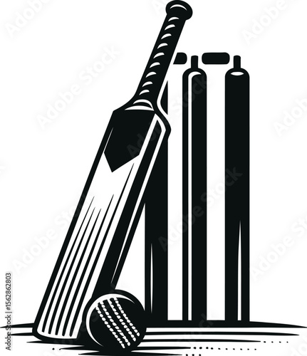Cricket Equipment Icon Minimalist Bat, Stumps, and Ball Black and White Illustration