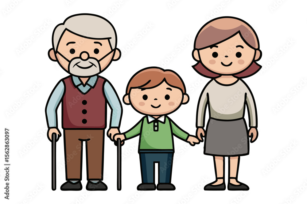 Happy Family Portrait: A cheerful illustration of a grandfather, his grandson, and a young woman, likely a mother or granddaughter, holding hands and smiling warmly at the viewer. Happy Family Portrait: A cheerful illustration of a grandfather, his grandson, and a young woman, likely a mother or granddaughter, holding hands and smiling warmly at the viewer.
