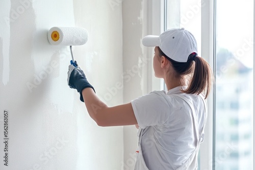 Woman painting a wall with a roller in a bright, modern interior during daytime renovations