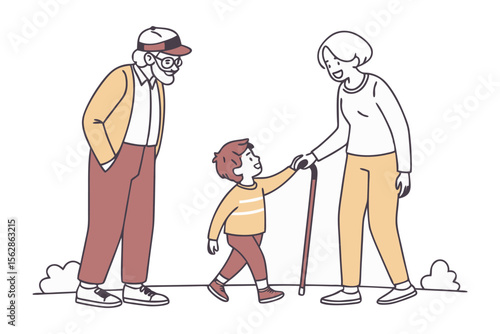 Generations Hand in Hand: A heart warming illustration captures the essence of intergenerational bond, as a young boy takes a tender step towards his grandparents.