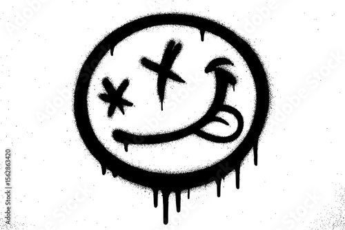 Graffiti Spray Paint Black Smiley Face with Tongue on White Wall