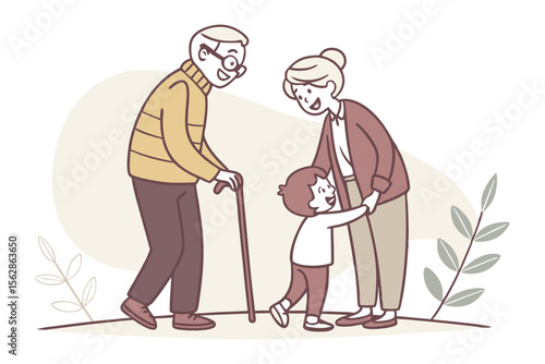 Embracing Generations: A heartwarming moment unfolds as a child joyfully embraces their grandparents, signifying the enduring strength of family bonds and shared happiness.