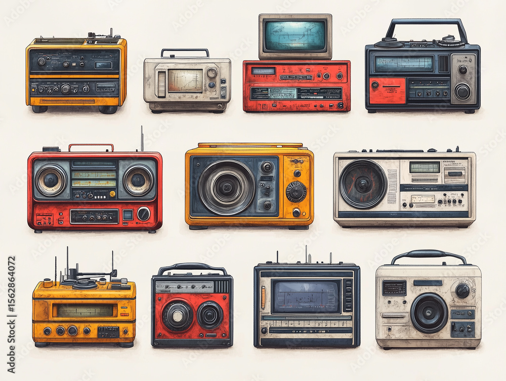 Fototapeta premium Set of retro equipment such as an oscilloscope, amplifier, radio, TV, music player. Hand draw sketch illustration isolated on white background