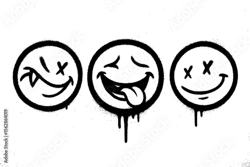 Three Stylized Black and White Graffiti Smiley Faces