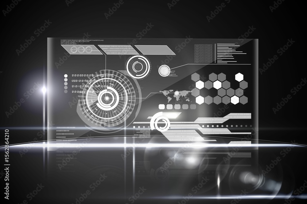 Fototapeta premium Transparent 3D panel is floating above floor in tech space with HUD rings and hexagon icons