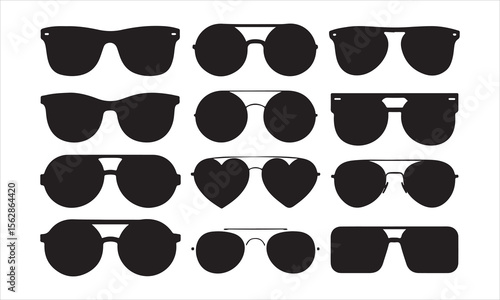 Collection of diverse sunglasses styles in a clean black silhouette on white background