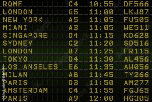 Black airport departures board with yellow text