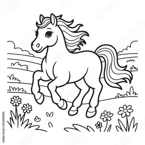 Cartoon horse running in a field coloring page illustration