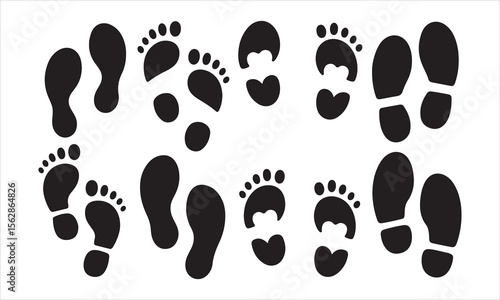 Collection of black footprint and shoe print silhouettes on a white background silhouette