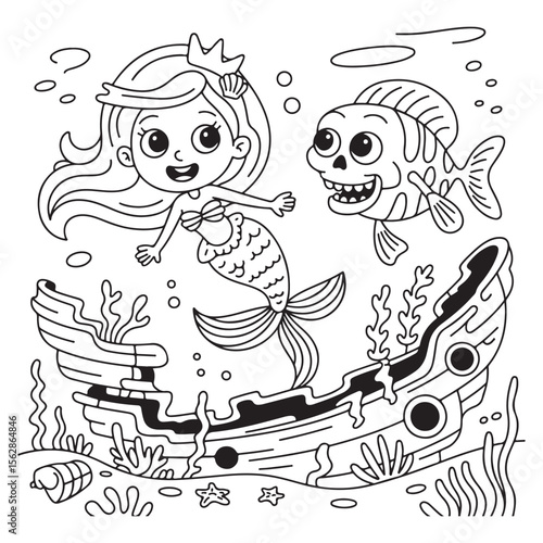 Mermaid with fish and shipwreck coloring page illustration