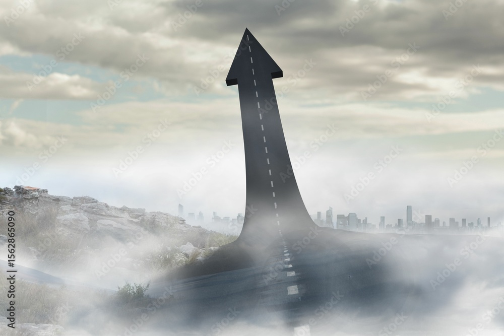 Fototapeta premium Flat design showing arrow-shaped road rising in fog over rocks with dashed markings toward skyline
