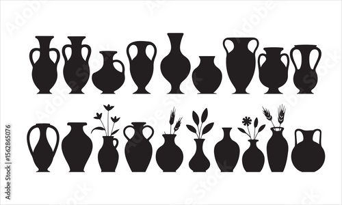 Collection of ancient greek amphorae and vases with floral elements silhouette