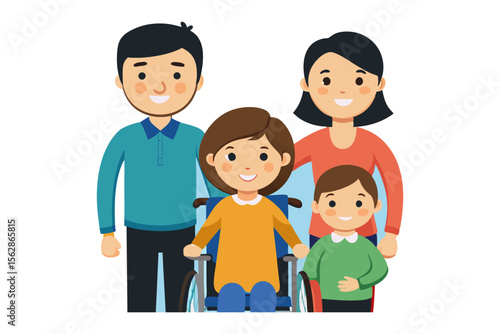Family with Wheelchair Child: A smiling family stands together, featuring a daughter in wheelchair, a symbol of love, support, and inclusion.