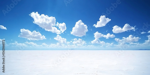 Panoramic view of salar de uyuni salt flats under a stunning blue sky filled with white clouds