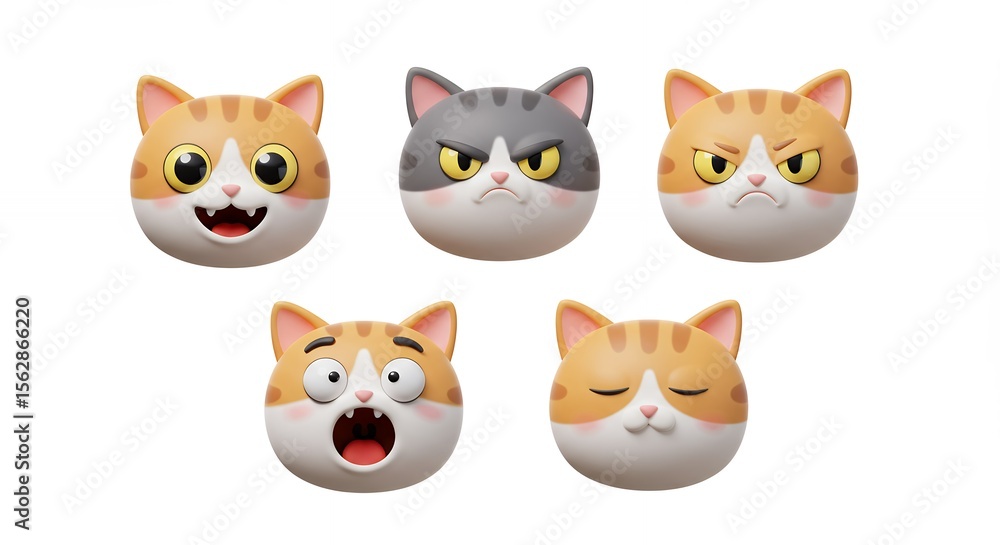 Five cartoon cat faces showing various emotions Five cartoon cat faces showing various emotions
