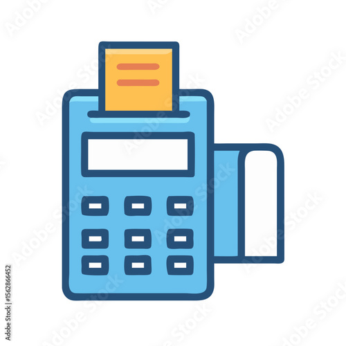 Stylized blue POS terminal illustration with paper receipt