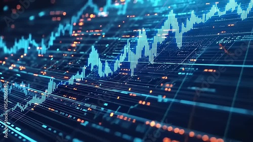 Wallpaper Mural Data visualization of stock market trends with blue and orange lines on a digital grid background Torontodigital.ca