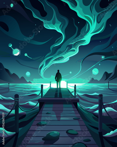 A serene seascape showing a lone figure standing on a dock under a glowing aurora, perfect for branding and logo designs.