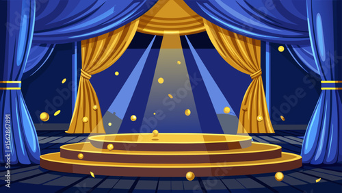 Dramatic stage background featuring golden coins and curtains for theatrical productions or performance arts visuals.