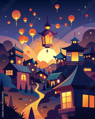 Dreamy oriental townscape graphic evoking a peaceful, night scene with glowing lanterns, perfect for backgrounds and creative projects.