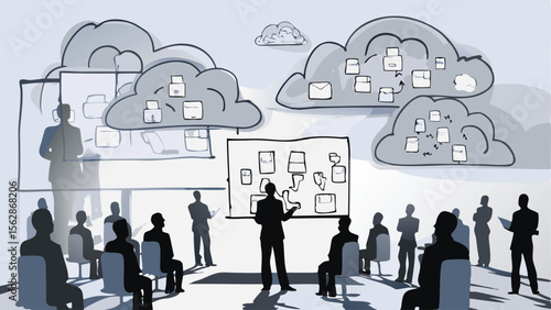 Presentation with cloud computing diagrams and an audience in a conference room setting is shown here