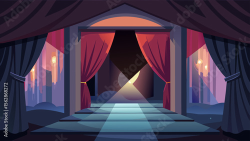 Dramatic stage scene with red curtains, ideal for theatrical productions, background design, and cinematic storytelling with a grand entrance.