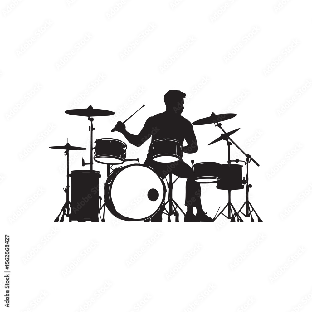 Fototapeta premium Drummer Silhouette Behind Drum Set Vector