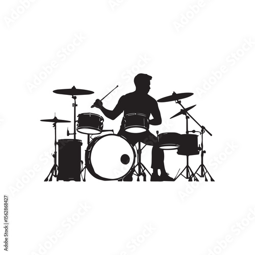 Drummer Silhouette Behind Drum Set Vector