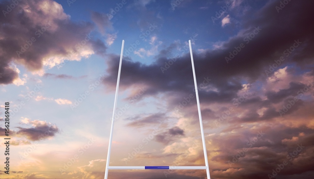 Obraz premium White goalpost standing on empty field against dramatic purple and gold sunrise sky in flat design