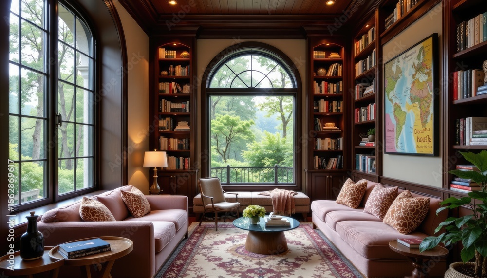 Fototapeta premium Elegant and Cozy Library Interior with Large Windows and Bookshelves