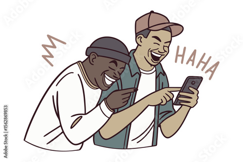 Joyful Moment on Phone: Two friend sharing a light-hearted moment, laughing together as they look at a mobile phone. Captures the essence of friendship and humor.