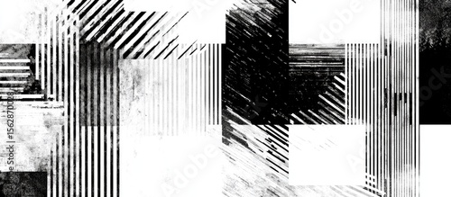 Abstract monochrome design with intersecting lines and textured squares