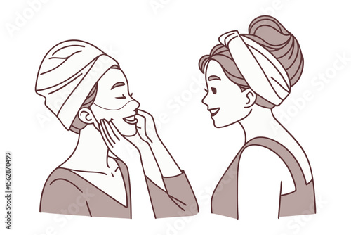 Spa Day: Two women enjoy a relaxing spa day, smiling and applying skincare treatments to achieve glowing, radiant skin in this simple yet detailed illustration.