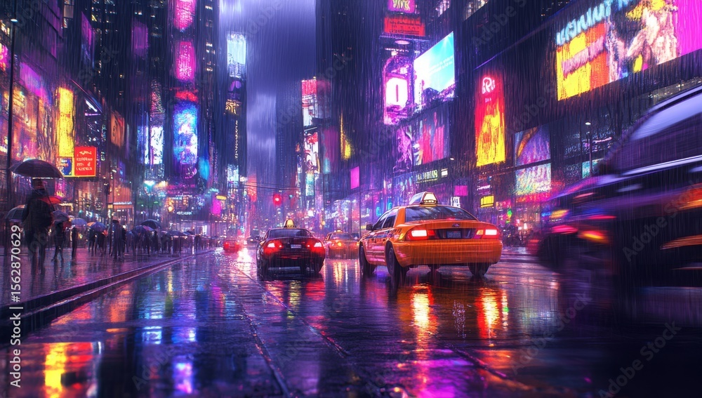 Naklejka premium Rainy Night NYC Street Scene with City Lights