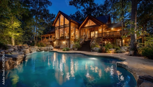 Luxurious modern log cabin with pool at twilight