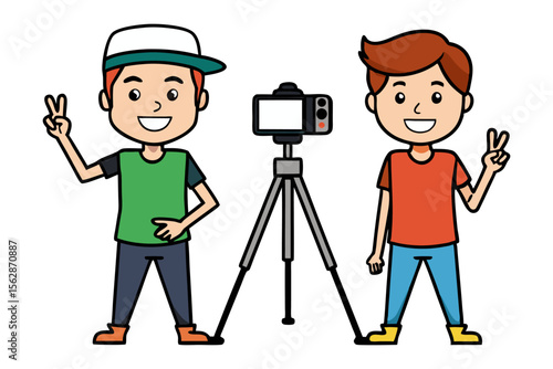 Happy Vloggers: Two cheerful young vloggers pose happily with their video camera and tripod, ready to film their next exciting video.