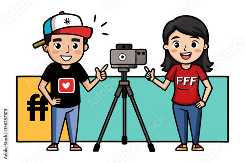 Happy Vloggers: A cheerful young couple, brimming with enthusiasm, stand proudly beside their camera tripod, ready to film their next vlog.