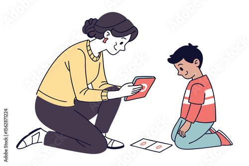Grandmother and Grandchild Reading: A loving grandmother kneels beside her grandson, sharing a book and a tender moment of connection.
