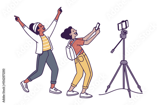 Capturing the Moment: Two vibrant individuals embrace the modern age, recording their shared adventure, their laughter echoing a bond and a shared story