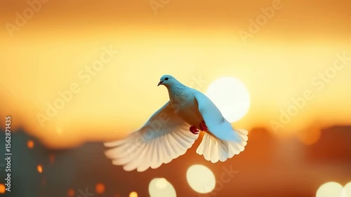 White dove bird flying gracefully with wings spread wide against warm golden sunset sky, peaceful atmosphere, glowing light, blurred background, symbolizing hope and freedom, serene uplifting mood