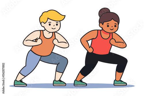 Kids Workout: Two happy children, a boy and a girl, perform a synchronized workout routine, showcasing healthy habits and active lifestyles.