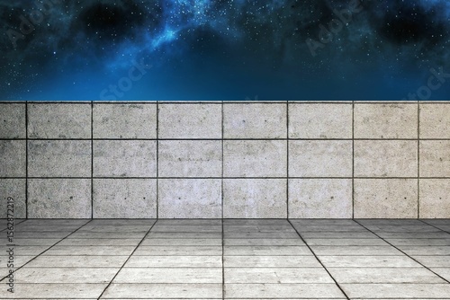 Fototapeta Naklejka Na Ścianę i Meble -  Flat design concrete terrace is stretching under blue starry night sky with glowing nebula clouds