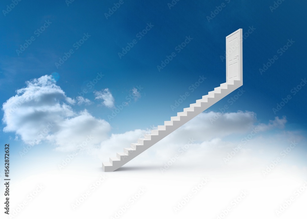 Obraz premium Steps leading to closed door in the sky