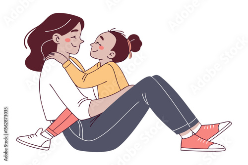 Mother-Daughter bond: An illustrated scene of a tender embrace between mother and daughter, radiating warmth, love, and connection in a simple, heartfelt illustration.