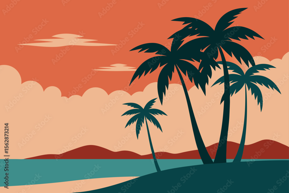 Tropical paradise: a lone palm tree silhouetted against a vibrant sunset over the ocean Tropical paradise: a lone palm tree silhouetted against a vibrant sunset over the ocean