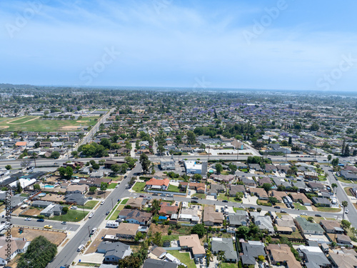 Day time aerial view of the Uptown area of Whittier with house and street, California, USA
