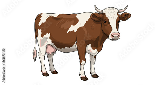 Cartoon cow standing with brown and white spots on white background  