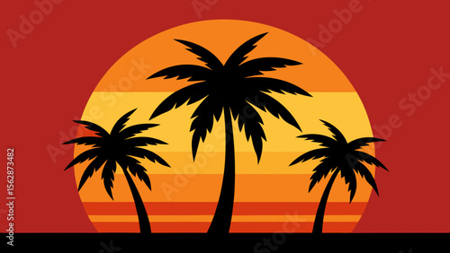 A vibrant tropical sunset paints the sky behind silhouetted palm trees on a tranquil beach, perfect for a summer island getaway illustration